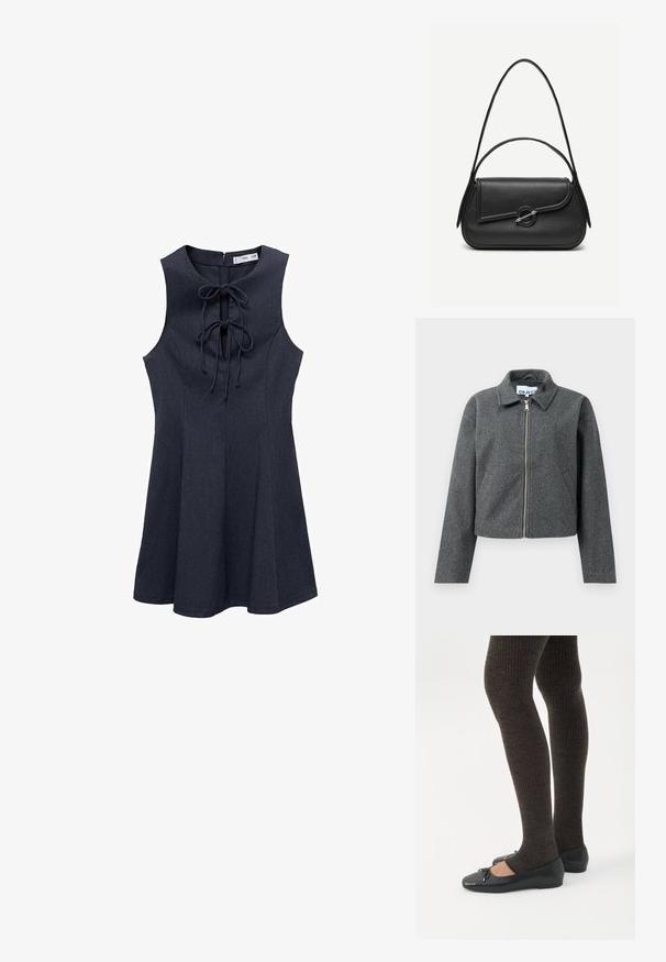 Grijze cropped jas van textuurstof. Voorzien van een ritssluiting aan de voorkant, een puntige kraag en zijzakken. Eenvoudig ontwerp, zonder patronen.; Marineblauw denim zonder mouwen jurk met een aansluitend lijfje en een uitlopende rok. Voorzien van een vetering aan de voorkant en een ritssluiting aan de achterkant. Soepele textuur.; Benen met donkere geribbelde leggings gecombineerd met zwarte ballerina's met kleine strikdetails op een witte achtergrond.; Zwarte leren handtas met afgeronde hoeken, asymmetrische klep, metalen ronde sluiting en zowel korte als lange schouderriemen.