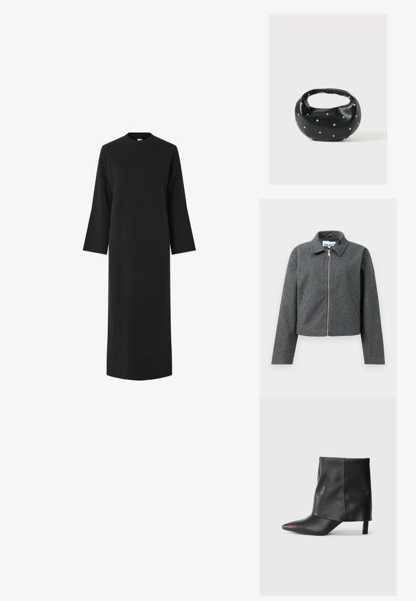 Graue, taillierte Jacke aus strukturiertem Material. Verfügt über einen Reißverschluss vorne, einen spitzen Kragen und seitliche Taschen. Schlichtes Design, ohne Muster.; Schwarzes Langarmkleid mit hohem Kragen, aus einem glatten, strukturierten Stoff gefertigt. Hat einen geraden Schnitt und fällt unter das Knie.; Schwarzer Knöchelstiefel aus glattem Leder mit spitzer Zehenpartie und schmalem Absatz. Das Obermaterial zeichnet sich durch ein leicht gerafftes Design aus.; Schwarze Lederhandtasche mit abgerundeter Form, verziert mit silbernen Nietenakzenten und kurzem Griff. Glatte Struktur und Reißverschlussverschluss.