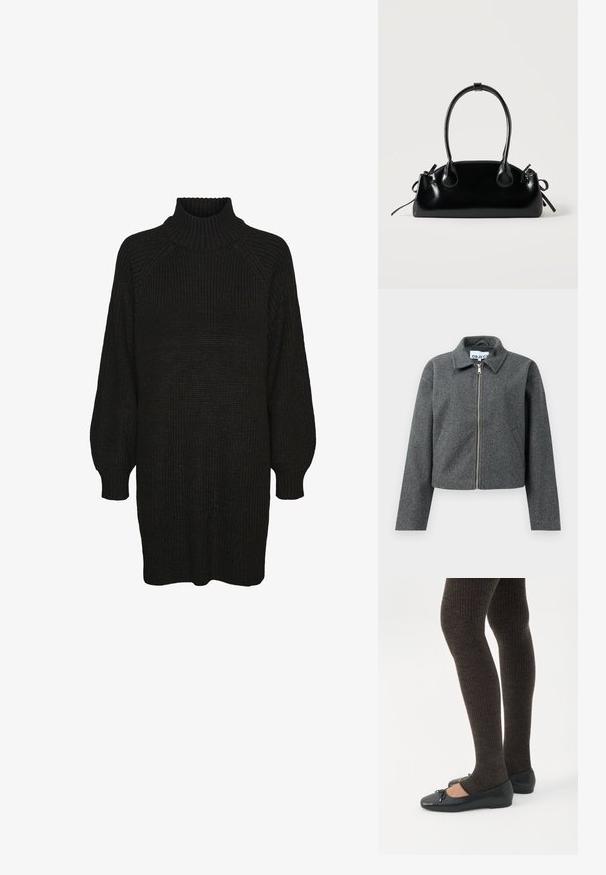 Sivý skrátený kabát vyrobený z textúrovaného materiálu. Obsahuje zips vpredu, špicatý golier a bočné vrecká. Jednoduchý dizajn, bez vzorov.; Čierne pletené šaty s vysokým ribovaným golierom, raglánovými rukávmi a textúrovanou látkou. Voľný strih s manžetovými rukávmi a rovým lemom.; Nohy v tmavých pásikavých legínach v kombinácii s čiernymi balerínkami s malými mašličkami na bielom pozadí.; Malá čierna lesklá kabelka s dvoma dlhými rúčkami a bočnými šnúrkovými detailmi na jednoduchom svetlom pozadí.