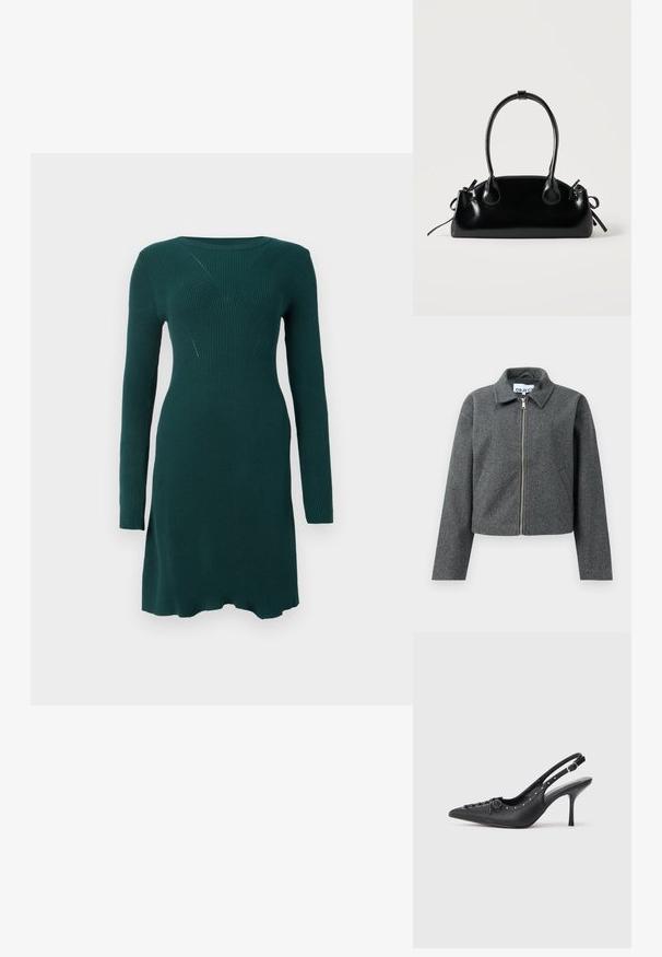 Grå cropped jakke lavet af tekstureret materiale. Har en lynlåslukning foran, spidse kraver og sidelommer. Simpelt design uden mønstre.; Mørkegrøn, ribbet strikkjole med lange ærmer, figursyet talje og subtil mønstret tekstur, præsenteret på en ensfarvet hvid baggrund.; Sorte læder slingback stiletto med spids tå, side spændebånd, nitter langs kanten og dekorativ snøring foran.; Lille sort blank håndtaske med to lange håndtag og snøre-detaljer i siden på en ensfarvet lys baggrund.