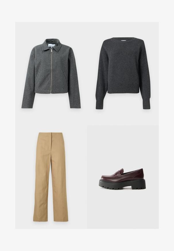 Grå cropped jakke lavet af tekstureret materiale. Har en lynlåslukning foran, spidse kraver og sidelommer. Simpelt design uden mønstre.; Mørkegrå strikket sweater med rund udskæring, faldende skuldre og ribstrikkede manchetter og kant. Blød tekstur og let cropped pasform.; Beige, lige ben bukser med flad front, sidelommer og et glat, let stof. Ingen synlige mønstre eller hardware detaljer.; Bordeaux lædersko med rund tå, dekorativ syning og en tyk sort gummisål med et robust mønster.