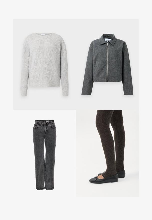 Grå cropped jakke lavet af tekstureret materiale. Har en lynlåslukning foran, spidse kraver og sidelommer. Simpelt design uden mønstre.; Lys grå sweater med kabelstrik mønster, rund halsudskæring og lange ærmer. Fremstillet af et blødt, tekstureret materiale.; Sorte denimjeans med lige ben, der har forlommer, bæltestropper og en subtil, falmet tekstur.; Ben iført mørke ribbede leggings kombineret med sorte balletsko med små sløjfedetaljer på hvid baggrund.
