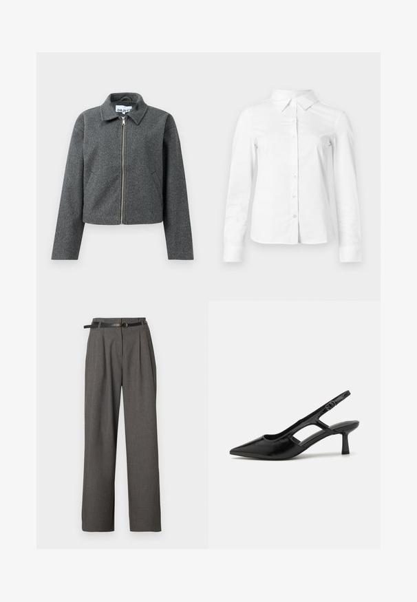 Chaqueta gris corta de material texturizado. Presenta un cierre frontal con cremallera, cuello puntiagudo y bolsillos laterales. Diseño simple, sin estampados.; Camisa blanca de manga larga con botones, cuello puntiagudo, bajo recto y silueta ajustada, presentada sobre un fondo claro y liso.; Pantalones de vestir grises de talle alto con pliegues y bolsillos laterales, combinados con un cinturón negro fino con hebilla redonda dorada.; Tacones de slingback negros con punta afilada, hechos de material brillante, que presentan acentos recortados y un tacón moderado para mayor soporte.