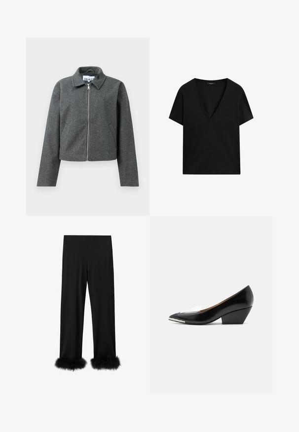 Veste grise courte en matière texturée. Dotée d'une fermeture éclair sur le devant, d'un col pointu et de poches latérales. Design simple, sans motifs.; T-shirt noir à col en V fabriqué en coton doux. Manches courtes et coupe décontractée avec des coutures nettes. Design simple et polyvalent.; Pantalons noirs en tissu lisse, avec des jambes larges et un bord en fausse fourrure. Le design offre une coupe décontractée adaptée à diverses occasions.; Chaussure femme noire à talon bas avec bout pointu, bride transparente et détail blanc sur l'avant de la semelle, vue de profil sur fond blanc.
