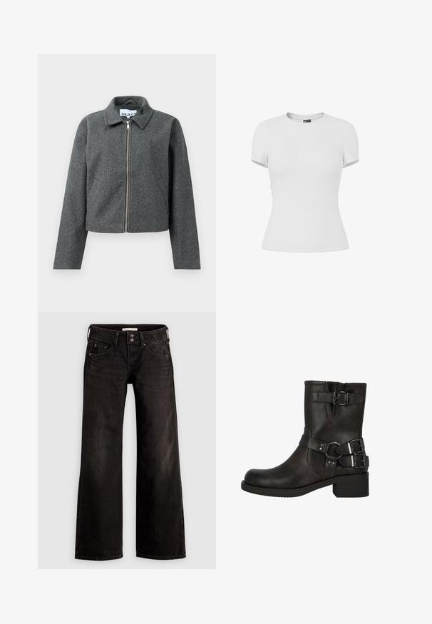 Graue, taillierte Jacke aus strukturiertem Material. Verfügt über einen Reißverschluss vorne, einen spitzen Kragen und seitliche Taschen. Schlichtes Design, ohne Muster.; Schlichtes weißes, eng anliegendes T-Shirt mit kurzen Ärmeln und Rundhalsausschnitt, auf weißem Hintergrund dargestellt.; Schwarze Jeans mit weitem Bein und leicht ausgeblichenem Finish, ausgestattet mit vorderen Taschen, einem Reißverschluss und einer Knopfverschluss. Hergestellt aus Denimstoff.; Palado OMYLIA - Cowboy-/Bikerstiefelette - braun