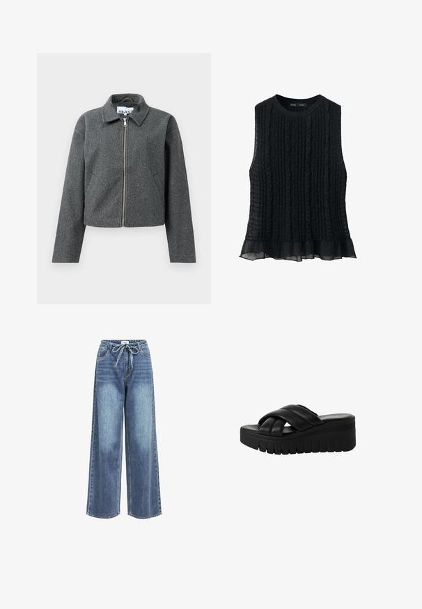Grå cropped jakke lavet af tekstureret materiale. Har en lynlåslukning foran, spidse kraver og sidelommer. Simpelt design uden mønstre.; Ærmeløs, sort, tekstureret top med rund halsudskæring og flæsekant, letvægtsstof, egnet til afslappet eller semi-formelt brug.; Løse jeans i lys blå denim med snor i taljen. Har frontlommer og en subtil falmet tekstur.; Sorte platform sandaler med krydset remme lavet af glat læder, der har en tykkere struktureret sål og en let afrundet tå.