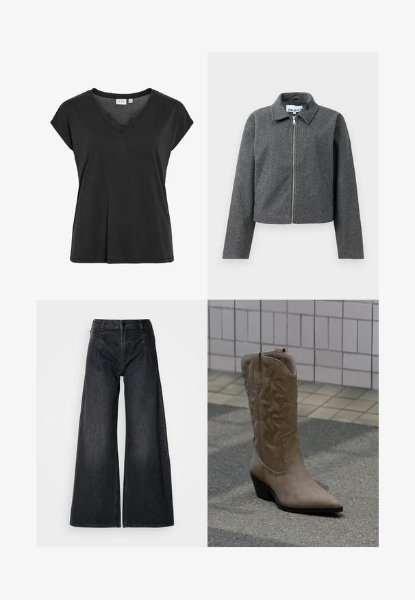 Grå cropped jakke lavet af tekstureret materiale. Har en lynlåslukning foran, spidse kraver og sidelommer. Simpelt design uden mønstre.; Sort T-shirt med V-hals og kasketærmer, lavet af blødt materiale, med en afslappet pasform og minimal syningsdetalje.; Sorte vidde jeans lavet af denim, med en høj talje, to forlommer og synlige sømme samt en subtil tekstureret finish.; Høj, beige cowboystøvle i ruskind med dekorative syninger og nitteaccenter, med spids snude og skråsort hæl på fortovet.