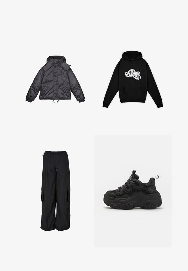 Veste matelassée noire avec une texture brillante, capuche et panneaux structurés. Présente des poignets élastiques et un cordon de serrage réglable à la taille.; Pegador PALUMA OVERSIZED HOODIE - Sweatshirt - black; Pantalon cargo noir à jambes larges avec ceinture élastique, poches latérales à rabat et cordons réglables à la taille et à l'ourlet.; Baskets noires au design chunky, avec une tige texturée, des panneaux en maille et une semelle en caoutchouc épaisse. Lacets réfléchissants et détails de marque visibles.