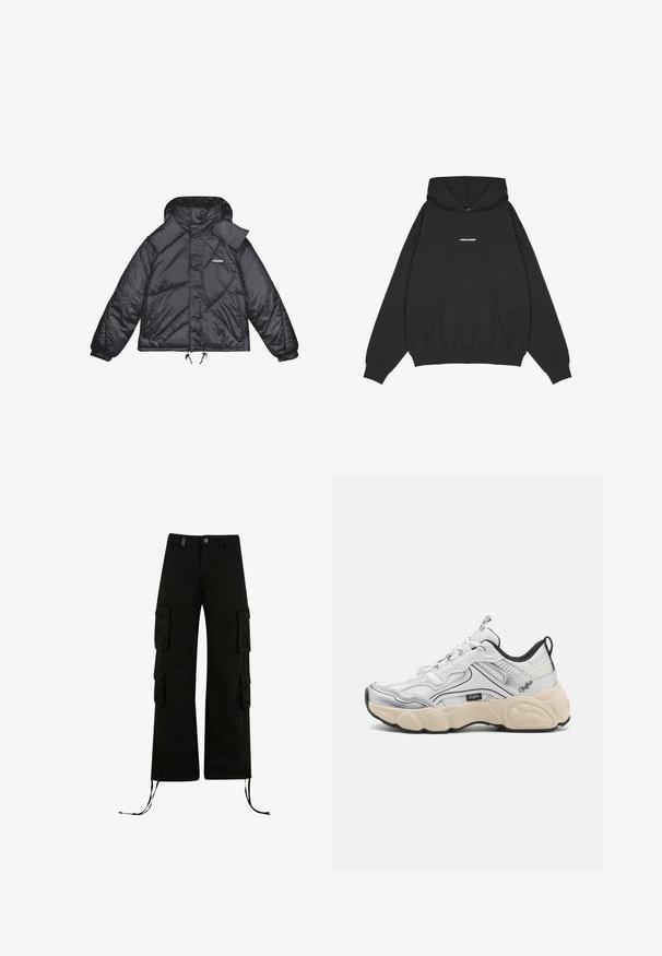 Sort pufferjakke med blank overflade, hætte og strukturerede paneler. Har elastiske manchetter og justerbar snor i taljen.; Pegador CLARITA LOGO OVERSIZED HOODIE - Hættetrøje - black/white; Sorte cargo bukser med en afslappet pasform, der har cargolommer på siderne, snøre i kanten og en knaplukning i taljen.; Hvid sportsko med mesh- og syntetiske paneler, sølvdetaljer, chunky creme farvet sål og kontrasterende sorte detaljer. Har snøresystem.