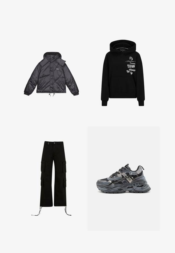 Schwarze Pufferjacke mit glänzender Textur, Kapuze und strukturierten Paneelen. Verfügt über elastische Bündchen und einen verstellbaren Kordelzug in der Taille.; Schwarzer Hoodie mit einer Fronttasche, einer Kapuze mit Kordelzug und mehreren weißen Logo-Drucken auf der Brust und dem Ärmel. Weiches Baumwollmaterial.; Schwarze Cargo-Hosen mit einer lockeren Passform, ausgestattet mit Cargo-Taschen an den Seiten, Kordelzügen am Saum und einem Knopfverschluss an der Taille.; Schwarze und graue Sportschuhe mit einem Obermaterial aus Mesh und synthetischem Material, auffälliger wellenförmiger Sohle, reflektierenden Akzenten und mehrschichtigem Design.