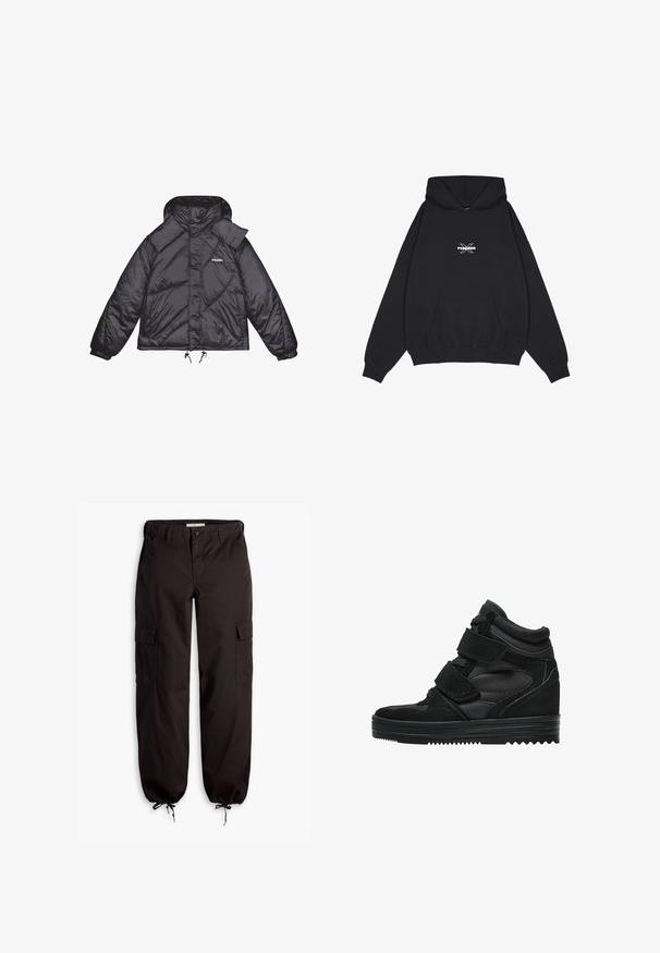 Veste matelassée noire avec une texture brillante, capuche et panneaux structurés. Présente des poignets élastiques et un cordon de serrage réglable à la taille.; Pegador BELLY OVERSIZED HOODIE - Sweat à capuche - washed black; Pantalons cargo noirs en tissu durable, dotés de plusieurs poches latérales, d'un cordon de serrage réglable aux poignets et d'une fermeture à bouton.; Baskets montantes noires en suede et mesh, avec des bandes Velcro, une finition lisse et une semelle en caoutchouc texturée pour une meilleure adhérence.