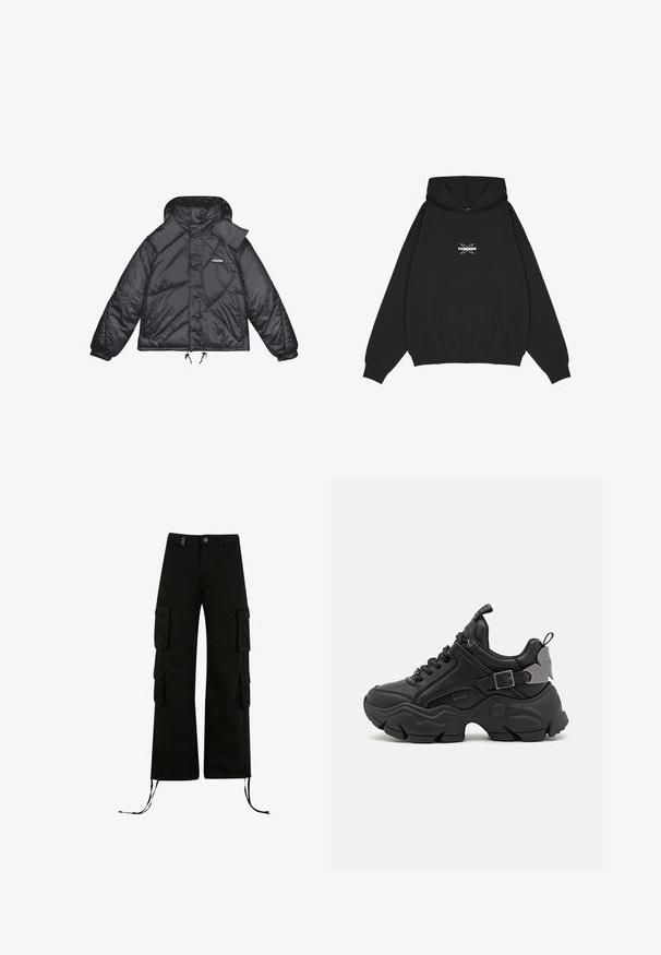 Schwarze Pufferjacke mit glänzender Textur, Kapuze und strukturierten Paneelen. Verfügt über elastische Bündchen und einen verstellbaren Kordelzug in der Taille.; Pegador BELLY OVERSIZED HOODIE - Kapuzenpullover - washed black; Schwarze Cargo-Hosen mit einer lockeren Passform, ausgestattet mit Cargo-Taschen an den Seiten, Kordelzügen am Saum und einem Knopfverschluss an der Taille.; Schwarze Sneaker mit einem strukturierten Leder-Obermaterial, einer robusten Gummisohle, Schnürverschluss und einer metallischen Akzentuierung an der Ferse. Moderne Designelemente sind enthalten.