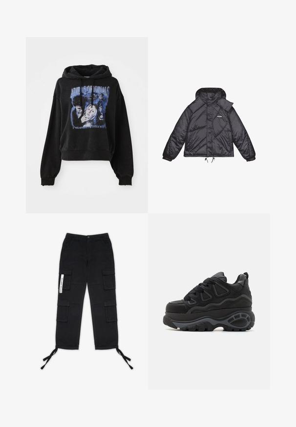 Sort pufferjakke med blank overflade, hætte og strukturerede paneler. Har elastiske manchetter og justerbar snor i taljen.; Sort cropped hoodie lavet af bomuld med snøre i hætten. Har et grafisk print i blå, der viser tegn og tekst.; Pegador TANAMI WIDE PANTS - Cargobukser - black; Buffalo Skatesko - black