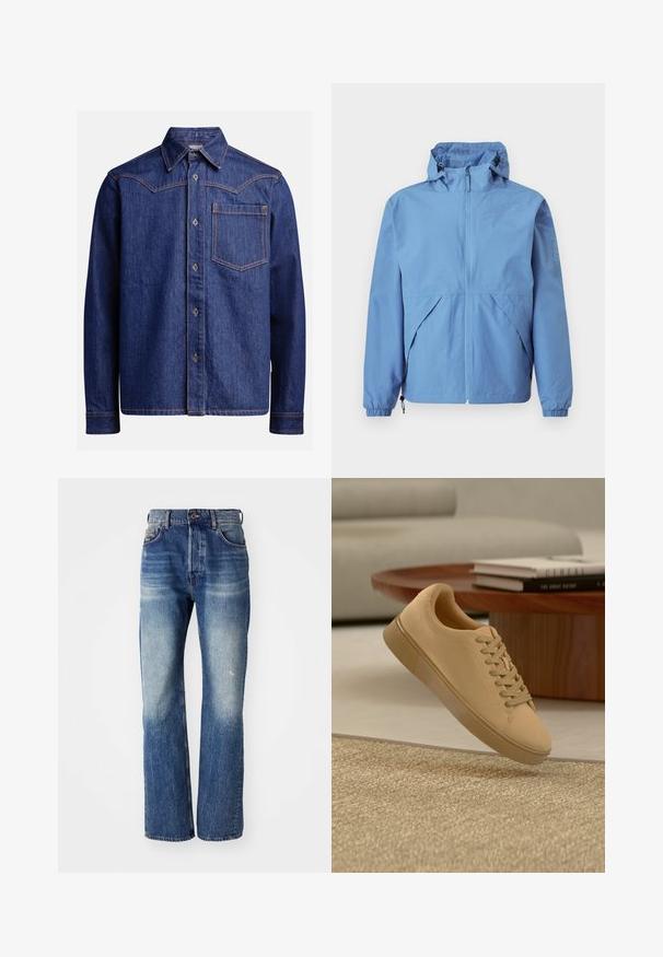 Lichtblauw windjack met capuchon, voorzien van een rits aan de voorkant, schuine zakken, elastische manchetten en verstelbare koordjes aan de capuchon.; Donkerblauwe denim overhemd met lange mouwen, puntige kraag, knoopsluiting, borstzak en contrasterende oranje stiksel.; Blauwe denim jeans met een rechte pijpdesign, met lichte vervaging en een lichte wassing aan de voorkant. Standaard vijf-pocket stijl.; Beige vetersneaker die boven een gestructureerd tapijt zweeft, met een houten salontafel en gestapelde boeken op een wazige achtergrond.