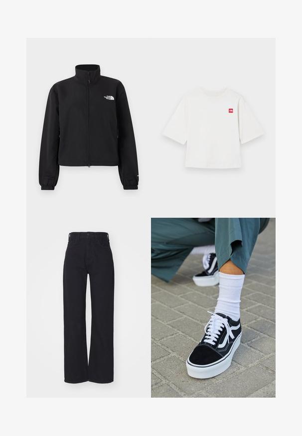 Sort jakke med fuld lynlås, stående krave, elastiske manchetter og hvid "The North Face"-logo på venstre bryst.; Hvid kortærmet t-shirt lavet af bomuld. Har et lille rødt firkantet logo på venstre brystområde. Lige pasform. Blød tekstur.; Sorte højtaljede bredbenede jeans med frontknap og lynlås, bæltestropper og to forlommer på hvid baggrund.; Sorte ruskinds sneakers med hvide accenter og snørebånd, der har en tyk hvid sål og kontrasterende syninger, parret med en hvid sok.
