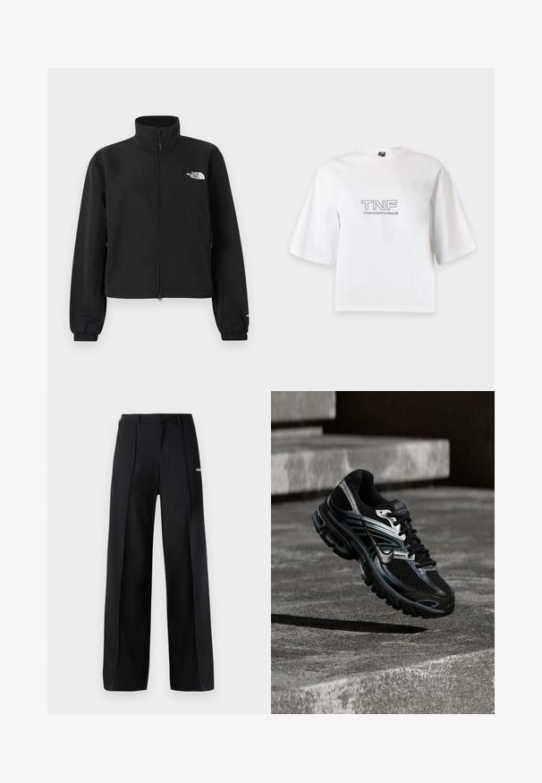 Chaqueta negra de cremallera completa con cuello alto, puños elásticos y logotipo blanco de "The North Face" en el pecho izquierdo.; Camiseta blanca de manga corta con el logotipo de TNF y The North Face impreso en negro en el centro delantero.; Pantalones de pierna ancha de color negro, confeccionados con una tela suave, que presentan pliegues y un pequeño detalle de logo. Diseñados con una cintura de altura media.; Zapatilla de running Nike negra y plateada flotando sobre escalones de hormigón, mostrando diseño detallado y suela texturizada en un entorno exterior.