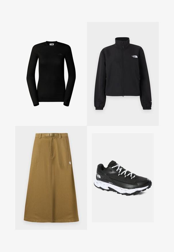 Chaqueta negra de cremallera completa con cuello alto, puños elásticos y logotipo blanco de "The North Face" en el pecho izquierdo.; The North Face W EASY L/S CREW NECK - Camiseta de manga larga - tnf black; Falda exterior larga y marrón claro con bolsillos frontales, cinturón integrado y logo de The North Face en el lado derecho.; Zapatilla deportiva negra con parte superior de malla y diseño texturizado. Presenta una entresuela blanca moteada, una suela gruesa negra y cordones reflectantes.