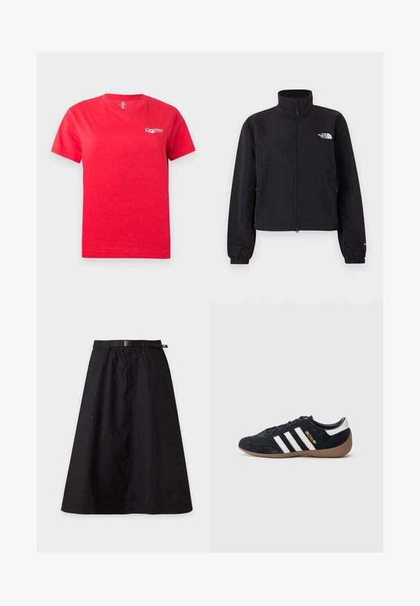 Veste noire à zip intégral avec col montant, poignets élastiques et logo blanc "The North Face" sur la poitrine gauche.; T-shirt rouge à manches courtes avec col rond, petit logo blanc "Converse" sur le côté gauche de la poitrine.; Jupe noire en ligne A avec ceinture intégrée et boucle, avec une petite étiquette logo sur le côté droit de la ceinture.; Baskets en daim noir avec trois bandes blanches, semelle en caoutchouc beige, et un petit logo doré sur le côté. Dotées d'une doublure intérieure noire lisse.