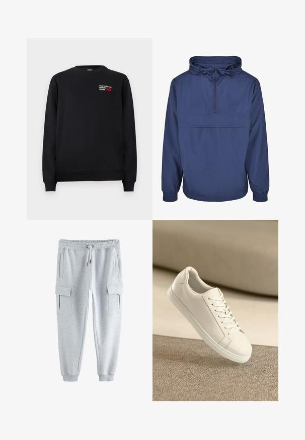 Marineblå pulloverjakke lavet af letvægts, vandafvisende materiale. Har en frontlomme med lynlås, elastiske manchetter og justerbar hætte.; Sort sweatshirt lavet af bomuldsblanding, med rund hals, ribbede manchetter og et lille rødt og hvidt "New Balance"-logo på brystet.; Lysegrå joggingbukser med elastisk talje og snøre, sidelommer med klapper og ribbede manchetter ved anklerne.; Hvide lædersneakers med hvide snørebånd, præsenteret på en beige tekstureret overflade og med en blødt uskarp baggrund.