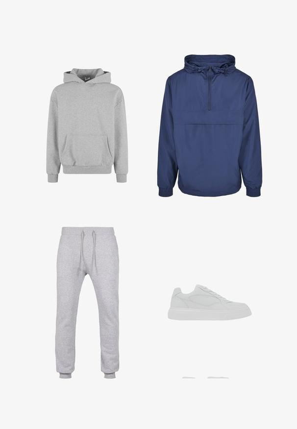 Marineblaues Pullover-Jackett aus leichtem, wasserabweisendem Material. Es verfügt über eine vordere Reißverschlusstasche, elastische Bündchen und eine verstellbare Kapuze.; Grauer Kapuzenpullover mit langen Ärmeln und Fronttasche. Hergestellt aus weichem Stoff mit gerippten Bündchen und Saum. Minimalistisches Design und vielseitiger Stil.; Graue Jogginghose aus weichem Material, mit einem elastischen Bund und Kordelzug, schmal zulaufenden Beinen und gerippten Bündchen für einen sicheren Sitz.; Weißer Sneaker in niedrigem Schnitt mit Schnürverschluss, glattem Lederobermaterial und dicker Gummisohle, von der Außenseite gezeigt.