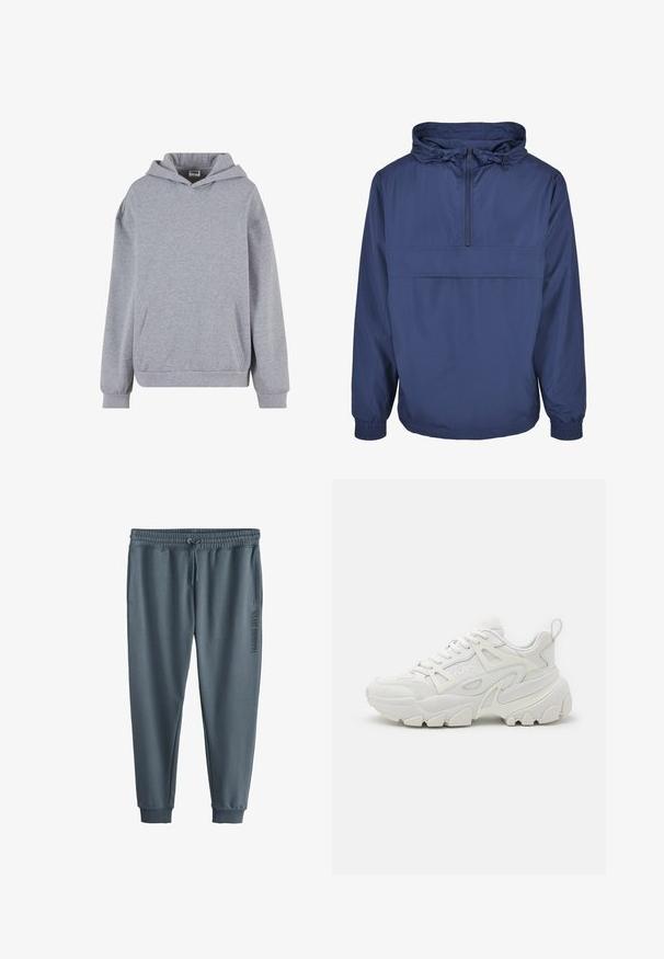 Marineblå pulloverjakke lavet af letvægts, vandafvisende materiale. Har en frontlomme med lynlås, elastiske manchetter og justerbar hætte.; Lysegrå pullover hoodie med lange ærmer, for lomme foran og ribkant ved ærmerne på hvid baggrund.; Mørkegrå joggingbukser med elastisk taljebånd og snøre, sidelommer, ribbet manchetter og teksten "TRAINING DIVSN." på venstre lår.; Hvide atletiske sneakers med en struktureret overdel, netpaneler, fremtrædende gummisål og dekorative udsparinger på siden.
