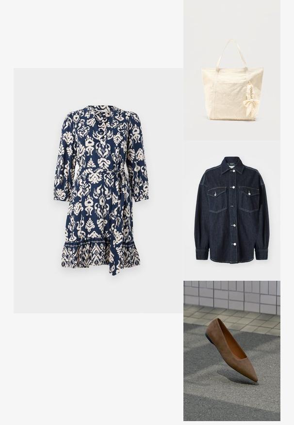 Tumma sininen farkkutakki, jossa on kaksi rintataskua, hopeiset napit, terävä kaulus ja pitkät hihat, joissa on kapenevat hihansuut. Pehmeä rakenne.; Tummansininen mekko, jossa on kermahdettu abstrakti kuvio, 3/4-hihat, V-pääntie, kireä vyötärö ja levenevä helma koristeellisella reunalla.; Ruskeat mokkanahkaiset kärjestään terävät tasapohjaiset kengät leijuvat asfaltin yllä, taustalla laatoitettu seinä ja jalkakäytävä.; Beigen värinen kangaskassi, jossa on kaksi kahvaa ja yksi scrunchie-rusetti kiinnitettynä toiseen kahvoista, yksivärisen taustan edessä.