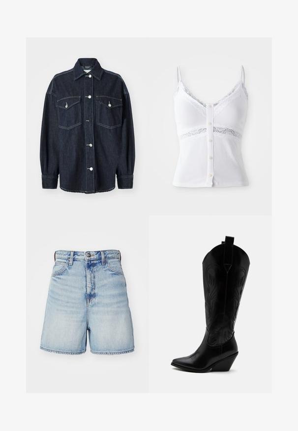 Veste en denim bleu foncé avec deux poches poitrine, boutons en argent, col pointu et manches longues avec poignets fuselés. Texture douce.; Camisole blanche avec des accents en dentelle et des bretelles spaghetti. Présente une texture côtelée et des boutons décoratifs sur le devant.; Shorts en denim bleu clair à taille haute, avec cinq poches, une fermeture à bouton et un ourlet effiloché. Texture lisse avec des zones décolorées.; Botte de cowboy en cuir noir avec bout pointu, talon bloc incliné, couture décorative et languettes en haut sur fond blanc.