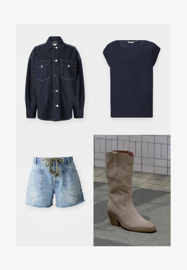 Chaqueta de denim azul marino con dos bolsillos en el pecho, botones plateados, un cuello puntiagudo y mangas largas con puños ajustados. Textura suave.; Camisa azul marino oscuro de manga corta con escote redondo, presentada en plano sobre fondo gris claro.; Shorts de denim en azul claro con dobladillo deshilachado. Presenta dos bolsillos traseros y un cordón con ojales de metal plateado para un ajuste ajustable.; Bota vaquera beige de ante hasta media pantorrilla con tacón de bloque de madera sobre una superficie pavimentada y fondo de pared con azulejos.