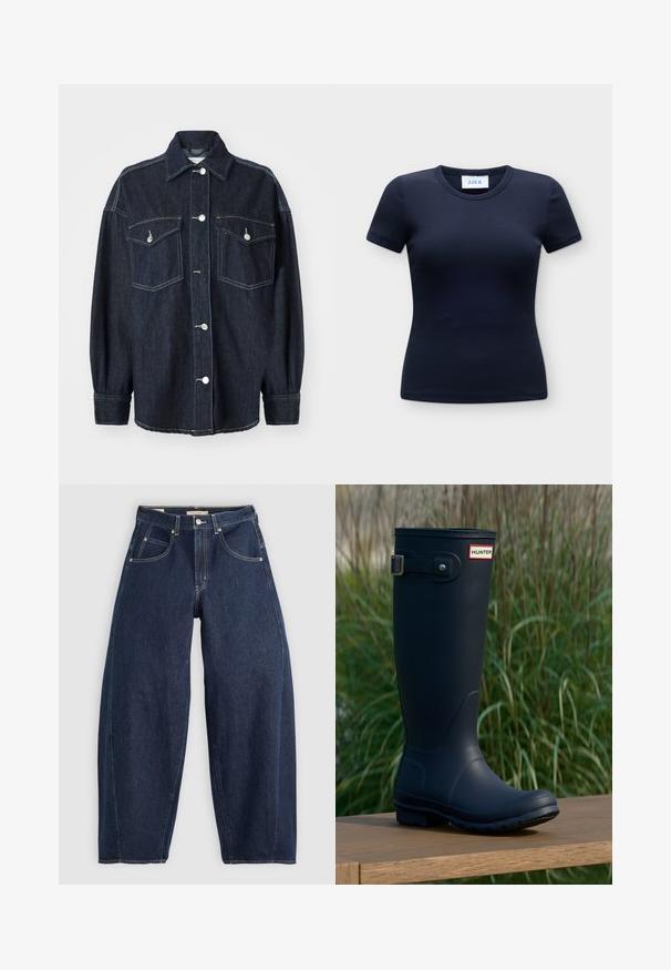 Mørkeblå denimjakke med to brystlommer, sølvknapper, en spids krave og lange ærmer med smalle manchetter. Blød tekstur.; Marineblå ribbet tætsiddende T-shirt med korte ærmer, rund halsudskæring og mærkeindvendigt i kraven.; Mørkeblå denim jeans med løs pasform, lyse syninger, fem lommer og en knaplukning ved taljen.; Marine gummistøvle med rund tå, tekstureret overflade, justerbar spænde detaljer og Hunter-logo nær toppen. Stabilt sål med mønster.