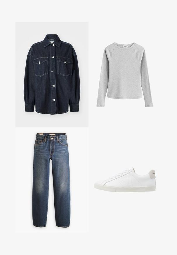 Dunkelblaue Jeansjacke mit zwei Brusttaschen, silbernen Knöpfen, einem spitzen Kragen und langen Ärmeln mit schmalen Manschetten. Weiche Textur.; Hellgraues, langärmeliges, geripptes Strickshirt mit Rundhalsausschnitt und Raglanärmeln, mit kleinem weißem Etikett mit der Aufschrift "self.".; Dunkelblaue Jeans aus Denim mit geradem Bein, ausgestattet mit fünf Taschen, Kupfernieten und dezenten Verwaschungen an den Oberschenkeln.; Weiße Ledersneaker mit einer strukturierten, cremefarbenen Gummisohle. Zu den Merkmalen gehören Schnürsenkel, dezente Nähte und ein grauer Wildleder-Hackeneinsatz.