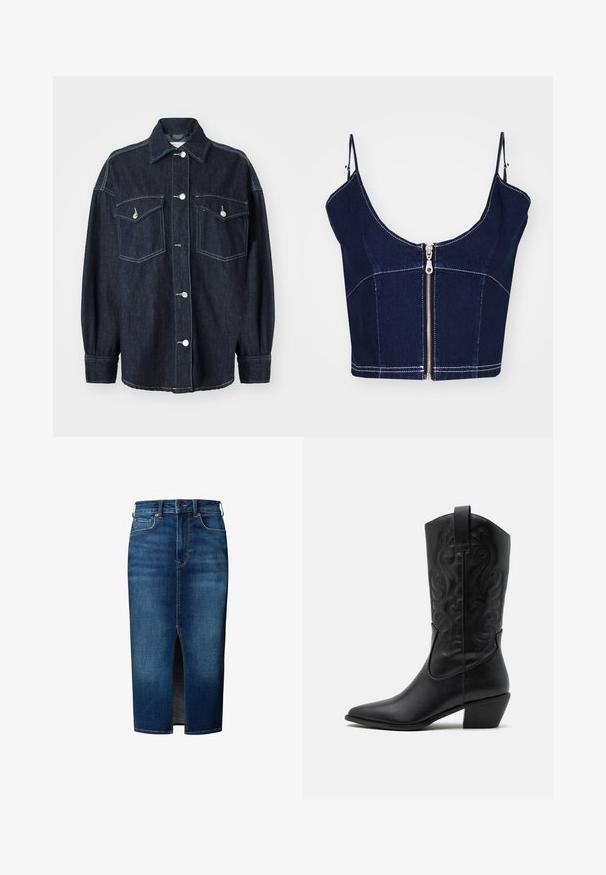 Dunkelblaue Jeansjacke mit zwei Brusttaschen, silbernen Knöpfen, einem spitzen Kragen und langen Ärmeln mit schmalen Manschetten. Weiche Textur.; Marineblaues Denim-Cropped-Top mit Spaghettiträgern. Verfügt über einen Reißverschluss auf der Vorderseite und Kontrastnähte in Weiß. Sauberes, figurnahes Silhouette mit strukturiertem Design.; Dunkelblauer Jeans-Midirock mit vorderem Schlitz, Knopfverschluss, Gürtelschlaufen und Fronttaschen.; Schwarze Leder-Cowboy-Stiefel mit spitzem Zeh, geprägten, wirbelnden Mustern und einem mittelhohen Absatz. Mit einem Zuglasche für einfaches An- und Ausziehen.