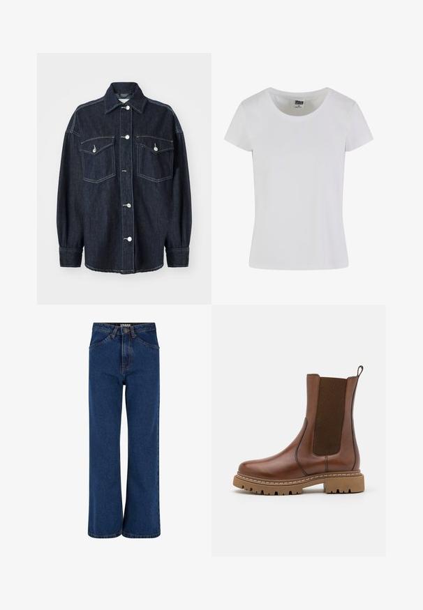 Donkerblauwe spijkerjas met twee borstzakken, zilveren knopen, een puntige kraag en lange mouwen met taps toelopende manchet. Zachte textuur.; Witte, korte mouwen t-shirt gemaakt van katoen. Heeft een ronde hals en een slim-fit vorm. Etiket zegt "URBAN CLASSICS."; Wijdvallende denim jeans in donkerblauw, met een hoge taille, voorpockets en contrasterende stiksels langs de naden.; Bruine leren enkelboot met elastische panelen en een trekomed. Kenmerkt zich door een robuuste rubberen zool en zichtbare stiksels langs de randen.