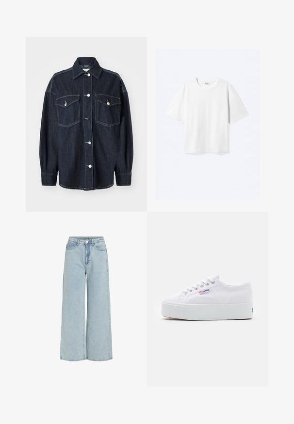Donkerblauwe spijkerjas met twee borstzakken, zilveren knopen, een puntige kraag en lange mouwen met taps toelopende manchet. Zachte textuur.; Witte T-shirt met korte mouwen en een ronde hals met rechte zoom, met een "WEEKDAY" merklabel aan de binnenkant van de hals.; Lichtblauwe wijdvallende jeans van denim met een hoge taille, frontzakken en een knoopsluiting. Bevat een vervaagde textuur en strakke lijnen.; Witte canvas sneaker met een dikke witte platformzool, ronde neus en metalen oogjes voor veters. Merkl logo aan de zijkant weergegeven.