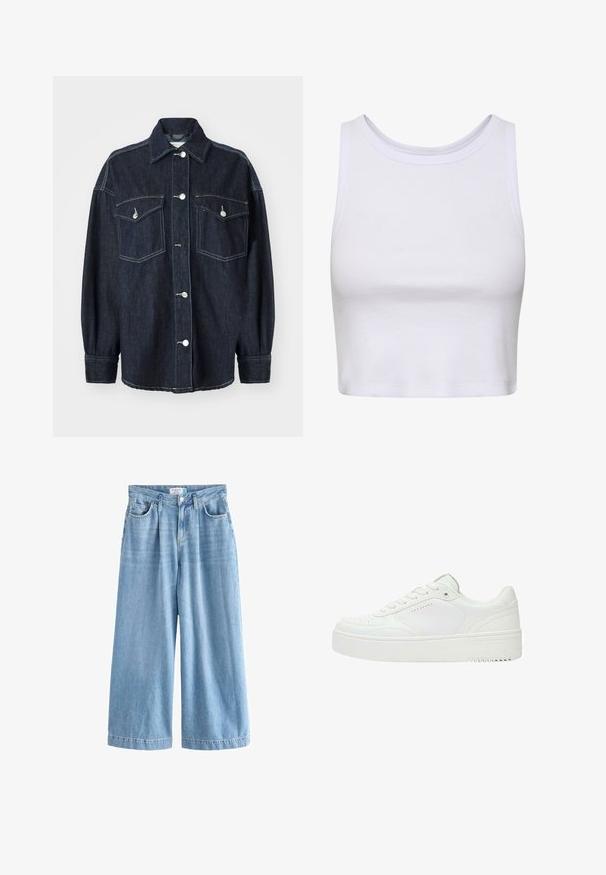 Mørkeblå denimjakke med to brystlommer, sølvknapper, en spids krave og lange ærmer med smalle manchetter. Blød tekstur.; Hvid crop-top lavet af ribbet stof, med en rund halsudskæring og ærmeløs design samt en figursyet silhuet. Ingen mønstre eller detaljer.; Lyseblå denim palazzo jeans med brede ben, der har høj talje, frontlommer og knaplukning. Diskret falmet tekstur.; Lave hvide sneakers med snørebånd foran, perforerede detaljer på tå og side samt tyk gummisål.