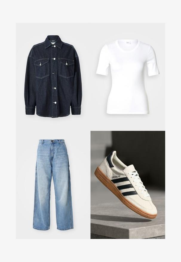 Donkerblauwe spijkerjas met twee borstzakken, zilveren knopen, een puntige kraag en lange mouwen met taps toelopende manchet. Zachte textuur.; Wit T-shirt met korte mouwen van glad katoen, met een ronde halslijn en een aangesloten pasvorm. Klassiek ontwerp, zonder patronen of accenten.; Lichtblauwe wijde jeans met een hoge taille, voorzien van zijzakken en een vervaagde textuur, vervaardigd uit denim materiaal.; Witte suède sneakers met marineblauwe strepen, rubberen gumzool, gestructureerde bovenkant, ronde neus en veters; heeft branding aan de zijkant en op de tong.