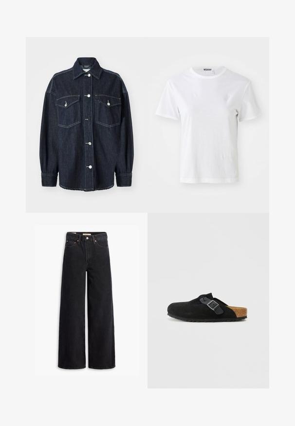 Chaqueta de denim azul marino con dos bolsillos en el pecho, botones plateados, un cuello puntiagudo y mangas largas con puños ajustados. Textura suave.; Camiseta blanca de manga corta hecha de una tela suave. Cuenta con un escote redondo y un corte recto, con una etiqueta en el cuello interior.; Jeans de pierna ancha negros hechos de denim, con cinco bolsillos, remaches de cobre y un cierre clásico de botón. Textura suave con un diseño limpio.; Zuecos de ante negro sin cordones con correa ajustable de hebilla negra y plantilla de corcho contorneada sobre un fondo blanco liso.