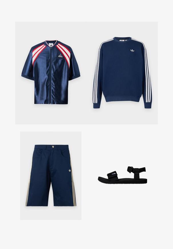 Marineblaues Satin-Sportjackett mit kurzen Ärmeln, ausgestattet mit weißem Netzgewebe und roten Akzenten an den Schultern, mit Reißverschluss und Adidas-Logo auf der Brust.; Marineblauer Sweatshirt aus Baumwolle mit weißen Drei-Streifen-Akzenten an den Ärmeln und einem kleinen weißen Logo auf der Brust.; Marineblaue Adidas-Shorts mit beigen drei Streifen an den Seiten, Fronttaschen, Knopfverschluss und Adidas-Trefoil-Logo am rechten Bein.; Schwarze Sandalen mit verstellbaren Stoffriemen, strukturiertem Gummisohle und einem Logopatch. Entworfen für Komfort und die Nutzung im Freien.