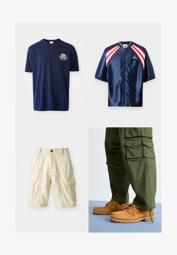Marine satin atletikjakke med korte ærmer, der har hvid mesh og røde detaljer på skuldrene, lynlås lukning og Adidas-logo på brystet.; Mørkeblå bomulds t-shirt med korte ærmer, rund halsudskæring og broderet logo med laurbær detaljer på venstre bryst.; Knælang cargo shorts i lysebeige stof med knaplukning, to store sidelommer og synlige stiksyninger.; Timberland AUTHENTIC 3 EYE - Sejlersko - wheat