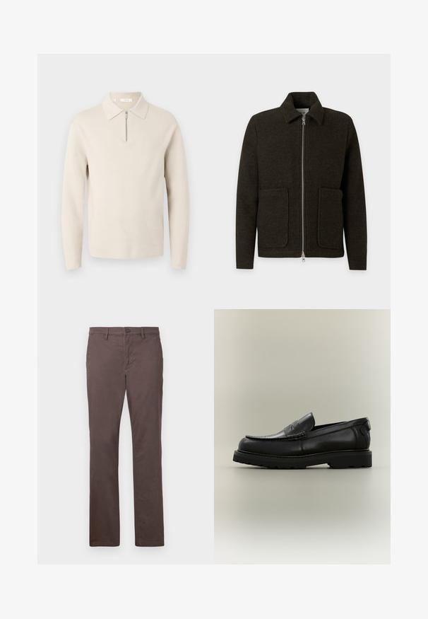 Veste en laine vert foncé à fermeture éclair avec col et deux poches plaquées à l'avant, présentée sur un fond gris clair.; Pull beige à manches longues avec un col et une courte fermeture éclair à l’avant, présenté sur un fond blanc.; Pantalon en coton marron avec une coupe droite, fermeture à bouton et poches avant. Texture lisse et lignes épurées.; Mocassin en cuir noir avec une semelle épaisse en caoutchouc, détail de bride penny et design moc toe cousu sur fond neutre.