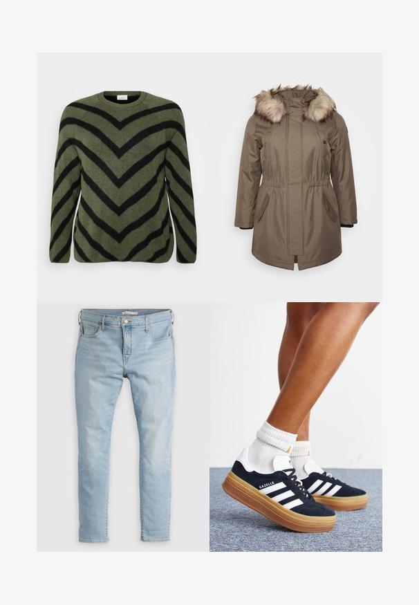Brun parka-jakke med faux fur hætte, justerbar talje og sidelommer. Blød tekstur og medium længde, med trykknaplukninger.; Grønt sweater med sorte chevron-striber. Rund halsudskæring, lange ærmer og blød tekstur. Lige kant med lette sideslidser.; Lyseblå denimjeans med slim pasform, fem lommer og knaplukning. Har diskret falmning og kontrastsyning langs syningerne.; Ben iført hvide sokker og sorte Adidas Gazelle sneakers med hvide striber og tykke brune såler på et gråt tæppe.