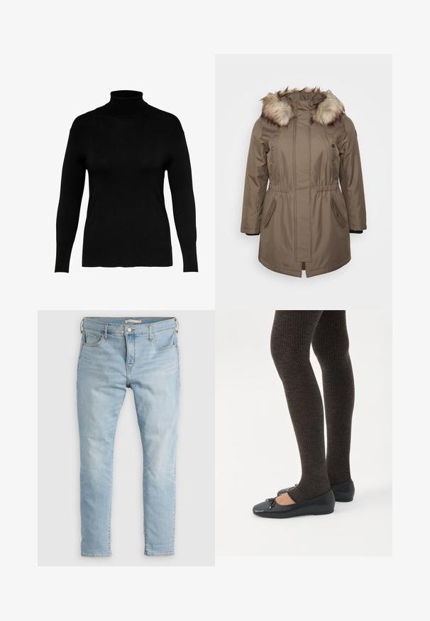 Brun parka-jakke med faux fur hætte, justerbar talje og sidelommer. Blød tekstur og medium længde, med trykknaplukninger.; Sort turtleneck sweater lavet af blødt strikket stof, med lange ærmer og en tætsiddende pasform, en glat tekstur og minimal dekoration.; Lyseblå denimjeans med slim pasform, fem lommer og knaplukning. Har diskret falmning og kontrastsyning langs syningerne.; Ben iført mørke ribbede leggings kombineret med sorte balletsko med små sløjfedetaljer på hvid baggrund.