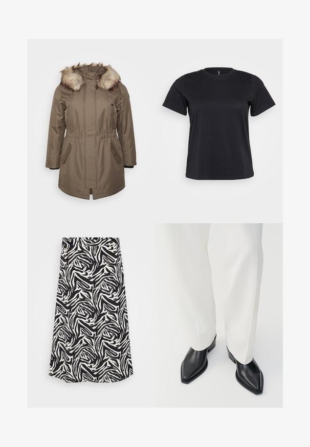 Braune Parka-Jacke mit einer Kapuze aus Kunstfell, verstellbarem Bund und Seitentaschen. Weicher Stoff und mittellange Passform, mit Druckknopfverschlüssen.; Schwarz Baumwoll-T-Shirt mit kurzen Ärmeln, Rundhalsausschnitt, lockerer Passform und glatter Textur. Keine sichtbaren Grafiken oder Muster.; Schwarzer und weißer Rock mit einem wirbelnden Zebra-Muster, mit geradem Schnitt und Saum. Hergestellt aus einem glatten, leichten Stoff.; Schwarze spitz zulaufende Stiefeletten aus glattem Leder mit flachen Blockabsätzen, kombiniert mit weißen, weiten Hosen. Schlichtes und modernes Design.