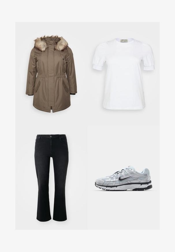 Bruine parka-jas met een nepbont capuchon, verstelbare taille en zijzakken. Zachte textuur en gemiddelde lengte, met drukknoopsluitingen.; Witte korte mouw t-shirt van katoen, met een ronde halslijn en pofmouwen met elastische manchetten. Eenvoudig en klassiek design.; Zwarte denim jeans met een middelhoge taille, een knoop aan de voorkant, twee voorkruiszakken, twee achterzakken en een flared model.; Nike P-6000 sneakers met een lichtgrijze mesh bovenkant, zwarte accenten en een duurzame zwarte rubberen zool. Kenmerkt zich door een ingewikkeld ontwerp en vetersysteem.