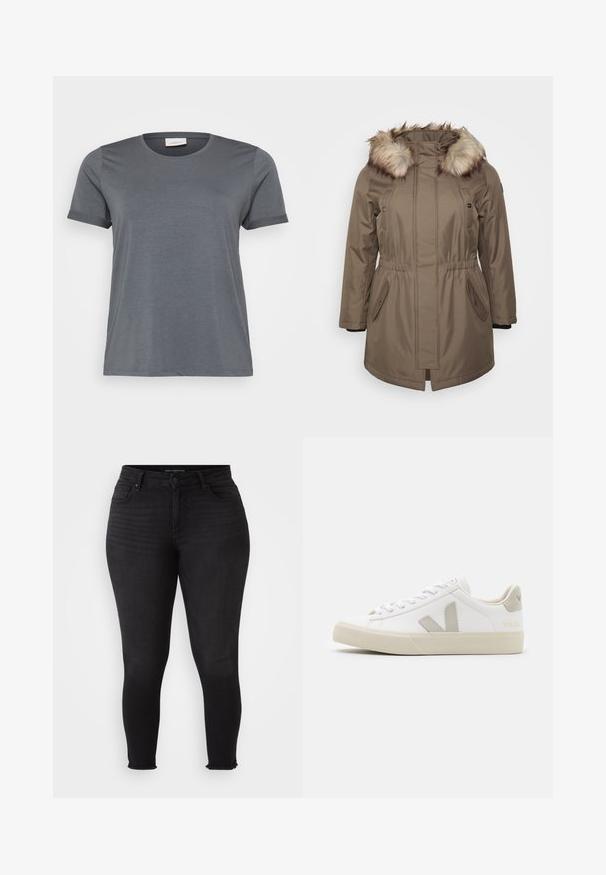 Brun parka-jakke med faux fur hætte, justerbar talje og sidelommer. Blød tekstur og medium længde, med trykknaplukninger.; Grå kortærmet T-shirt lavet af blødt stof, med en klassisk rund halsudskæring og oprullede ærmer. Glat tekstur uden synlige mønstre.; Sorte skinny jeans med høj talje, lavet af stretchy denim. Har foran lommer og frynset kant. Glat tekstur med subtil falming.; Hvide sneakers lavet af læder med grå V-logo detaljer, struktureret gummisål, hvide snørebånd samt polstret tunge og krave.