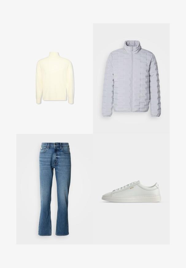 Lys grå dunjakke med høj krave, vandret quiltet mønster, frontlynlås og elastiske manchetter. Lavet af et glat, shiny materiale.; Kremfarvet langærmet højhalset sweater med ribbet manchetter og et diskret logo på brystet, vist på en ensfarvet hvid baggrund.; Lyseblå denim jeans med lige pasform og let flare. Har fem lommer, knaplukning og subtile slidte detaljer.; Hvid lavtop lædersneakers med snørebånd, flad sål og lille gyldent "BOSS" logo på siden, set fra ydersiden.