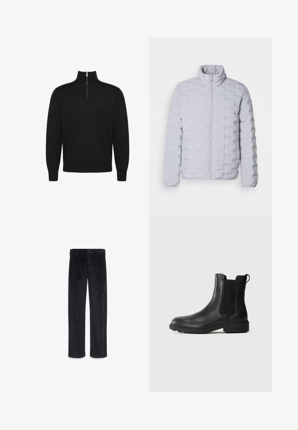 Chaqueta de plumas gris claro con un cuello alto, patrón de acolchado horizontal, cremallera frontal y puños elásticos. Fabricada con un material suave y brillante.; Jersey negro de manga larga con cremallera a medio frente y puños y bajo de canalé, con un pequeño logo sutil en el pecho.; Pantalones negros de pana de pierna recta con cierre de botón y cremallera, trabillas para cinturón y bolsillos laterales.; Botín negro de cuero hasta el tobillo con paneles laterales elásticos, tirador en el talón y suela baja de bloque sobre un fondo liso.