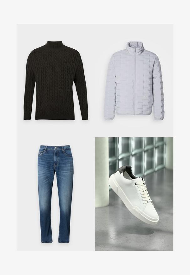 Lys grå dunjakke med høj krave, vandret quiltet mønster, frontlynlås og elastiske manchetter. Lavet af et glat, shiny materiale.; Sort strikket sweater med høj turtle neck, tekstureret kabeldesign, lange ærmer samt ribbede manchetter og kant.; Blå denimjeans med lige ben, prydet med faldne detaljer, fem-lommes design og knaplukning.; Hvid lav tå-sneaker med sort struktureret hælfane, hvide snørebånd og tyk sål på en poleret betongulv nær glasblokke.