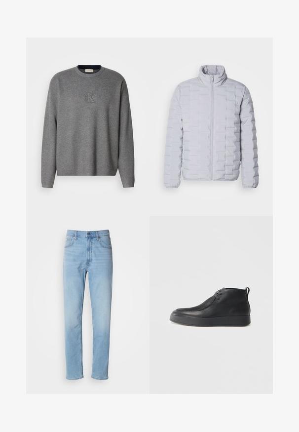Hellgraue Pufferjacke mit hohem Kragen, horizontalem Steppmuster, Reißverschluss vorn und elastischen Bündchen. Hergestellt aus einem glatten, glänzenden Material.; Grauer Strickpullover mit Rundhalsausschnitt, der ein geprägtes "ck"-Logo auf der Brust und gerippte Bündchen trägt. Weicher Stoff, lockere Passform.; Hellblaue Jeans mit geradem Schnitt, fünf Taschen und Gürtelschlaufen. Der Stoff hat eine glatte Textur mit einem leichten Verblassungseffekt.; Schwarze Leder-Ankle-Boots mit strukturiertes Obermaterial, Schnürung vorne, Zugschlaufe an der Ferse und dicke Gummisohle vor einem hellen Hintergrund.