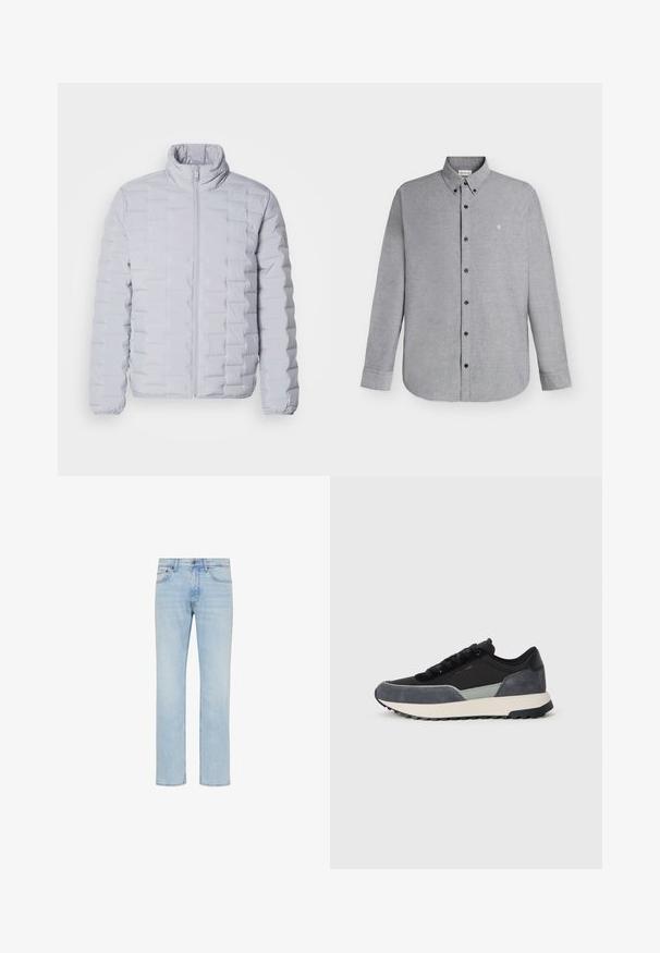 Veste doudoune gris clair avec un col haut, un motif matelassé horizontal, une fermeture éclair sur le devant et des poignets élastiques. Fabriquée à partir d'un matériau lisse et brillant.; Chemise gris clair à manches longues avec boutons, col boutonné et petit logo "cK" brodé sur la poitrine gauche.; Jean denim bleu clair coupe droite avec bouton sur le devant, fermeture éclair et design cinq poches, présenté sur fond blanc.; Baskets à lacets en tissu noir avec des accents en cuir suédé gris et une semelle intermédiaire épaisse blanche avec un profil en caoutchouc noir.