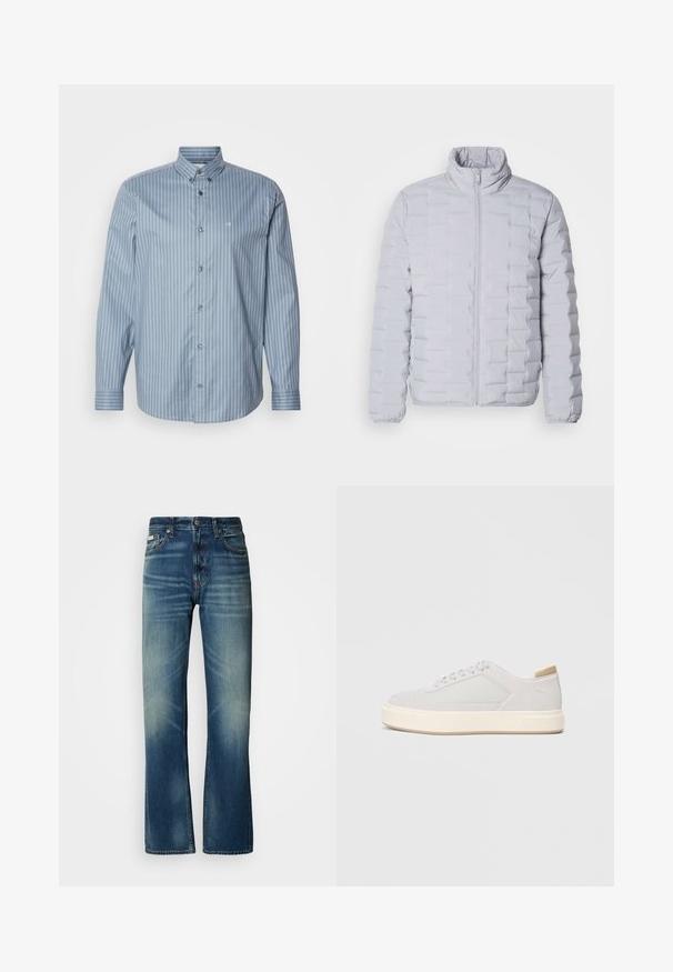 Hellgraue Pufferjacke mit hohem Kragen, horizontalem Steppmuster, Reißverschluss vorn und elastischen Bündchen. Hergestellt aus einem glatten, glänzenden Material.; Himmelblaues Hemd mit durchgehenden weißen Streifen. Verfügt über einen Kragen, lange Ärmel und ein kleines Logo auf der Brust. Glatte Stoffoberfläche.; Blaue Jeans aus Denim mit geradem Schnitt, mittlerer Waschung, ausgewaschenen Details, fünf Taschen und einem Knopfverschluss. Auffällige Nähte entlang der Nähte.; Hellgraue Sneaker mit einer glatten Synthetik-Oberfläche, runder Spitze und einer strukturierten cremefarbenen Zwischensohle. Helle tanfarbene Akzente an der Ferse.
